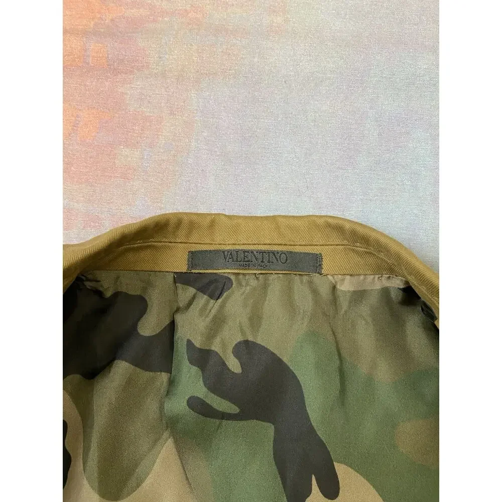VALENTINO GARAVANI Tan Green Blazer twill sport coat camo lining Size 54 44” Ch